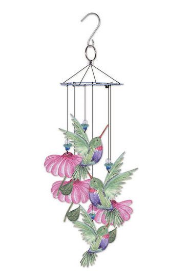 Colorful hummingbird wind chime with pink flowers.