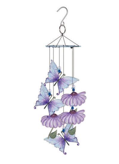 Purple and blue butterfly wind chime with layered butterfly and flower accents.