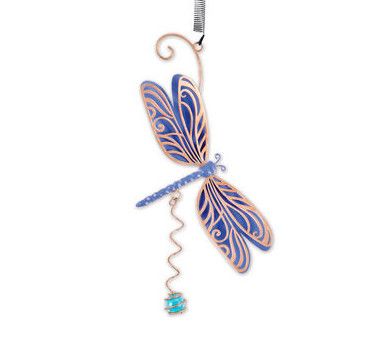 Blue and copper-toned metal dragonfly hanging decoration with spring and dangling charm.