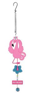 Pink flamingo yoga hanging decoration with spring and dangling blue accent charm.
