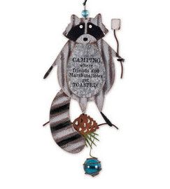 Metal raccoon hanging decoration with camping theme and dangling blue accent charm on a spring.
