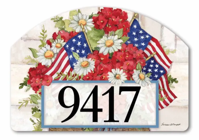 Magnetic yard sign featuring American flags, red flowers, daisies, and a blank space for numbers.