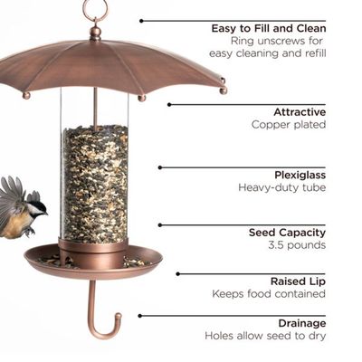 Infographic of the umbrella feeder highlighting the easy-fill lid, drainage holes, and mesh feeding tube.