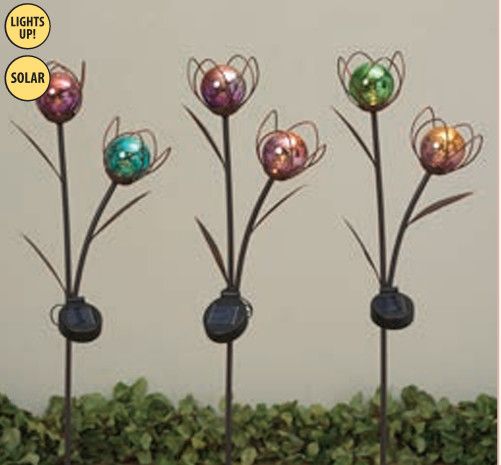 37in Solar Metal &amp; Glass Ball Flower Stake, Color: Pink/Blue