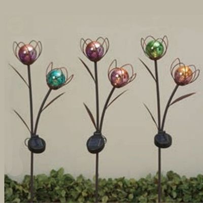 37in Solar Metal &amp; Glass Ball Flower Stake