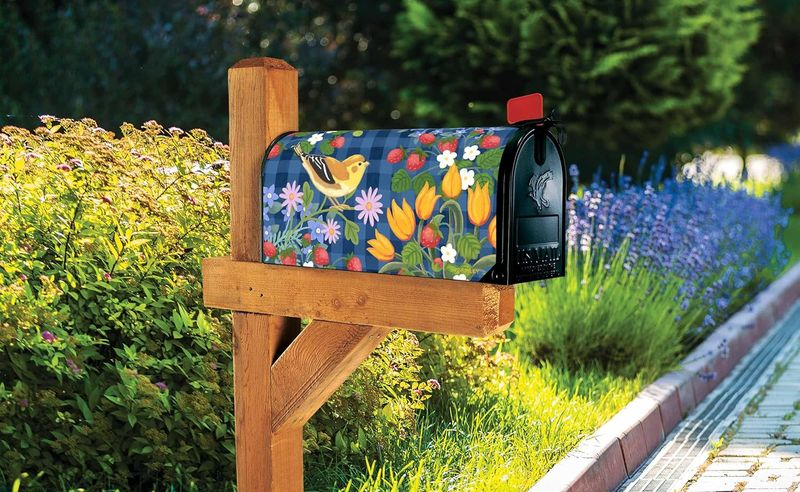 Strawberry floral mailbox cover installed on a wooden post in a garden setting.