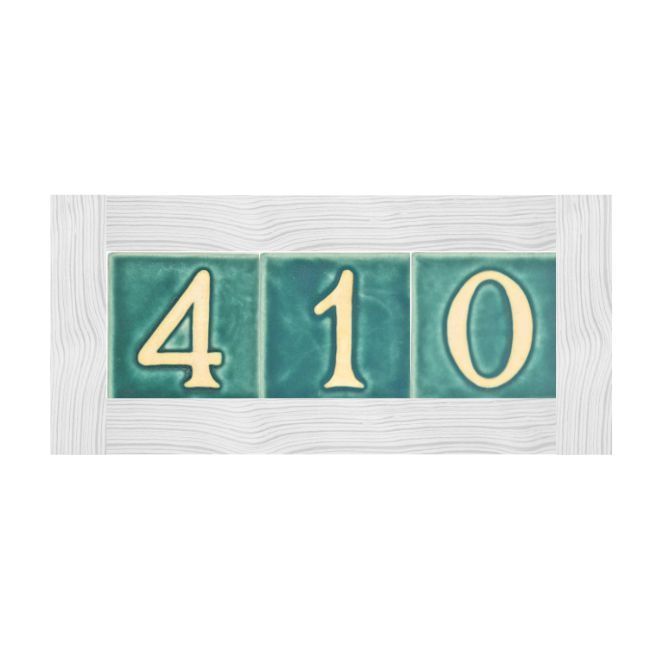 Three tile house number frame holding teal 4x4 number tiles displaying 410.