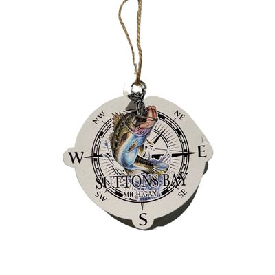 WOOD MAP ORNAMENT - COMPASS W/ BASS ART - SUTTONS BAY