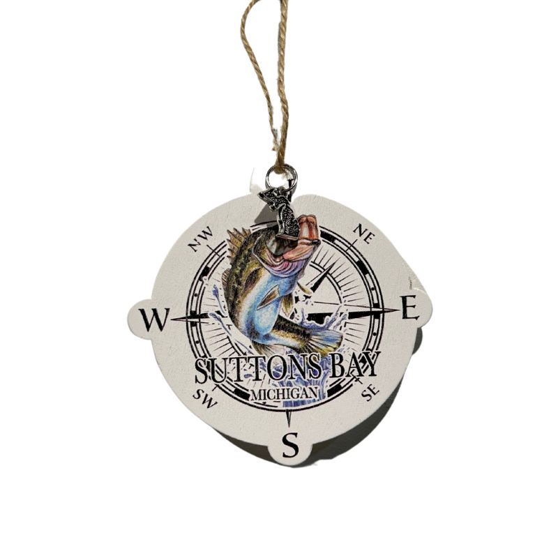 WOOD MAP ORNAMENT - COMPASS W/ BASS ART - SUTTONS BAY