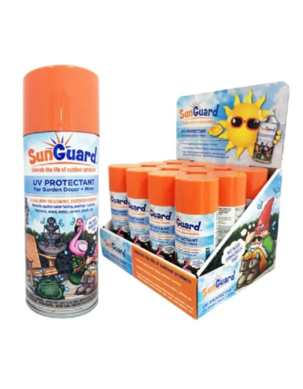 SunGuard UV Protectant spray can with orange cap displayed next to retail countertop display box.
