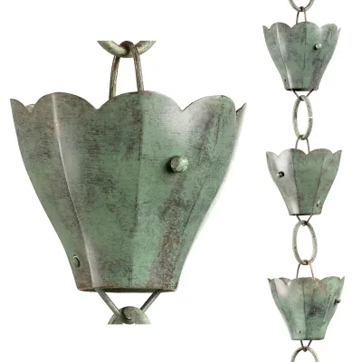 463V1-8 TULIP COPPER VERDE RAIN CHAIN - 8.5 FT 13 LARGE CUPS
