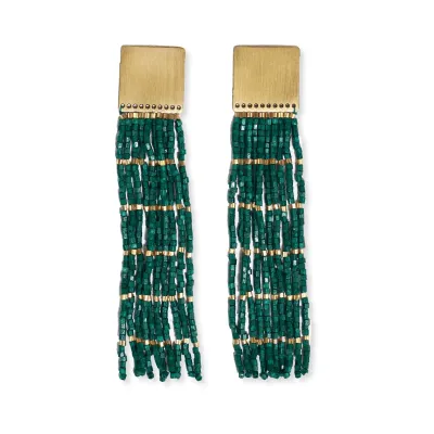 Harlow Brass Top Beaded Fringe Earrings Emerald