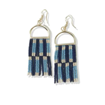 Allison check stripe beaded fringe earrings navy