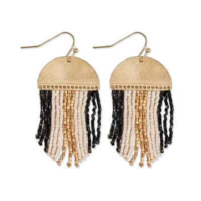 Claudia 3 Color Stripe Beaded Fringe Earrings black/white