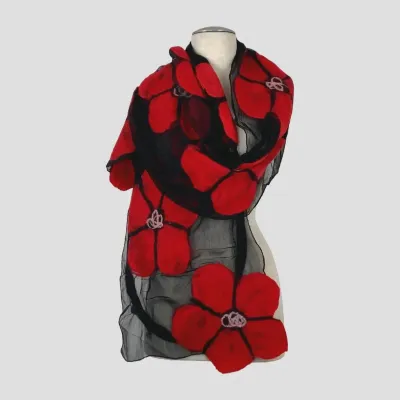 Red Big Flowers Merino Wool Felt Soft Scarf