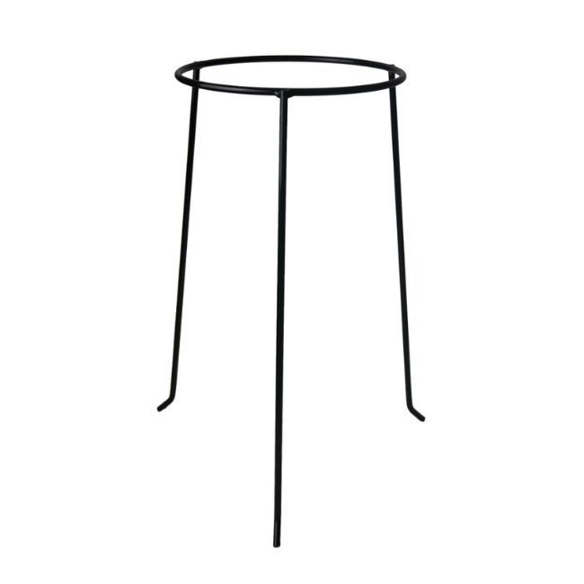 Black metal small flower pot or birdbath stand with circular top and three legs.