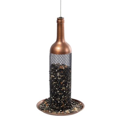 Copper-finished wine bottle bird feeder with a metal mesh tube filled with birdseed.