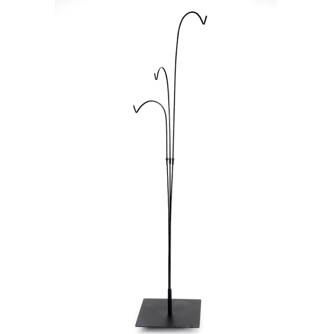 Black metal Lumiz terrace stand with multiple curved hooks and square freestanding base.