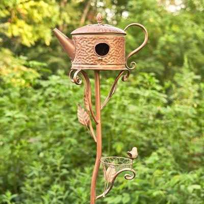 65-inch garden stake featuring a round teapot birdhouse in antique copper finish.