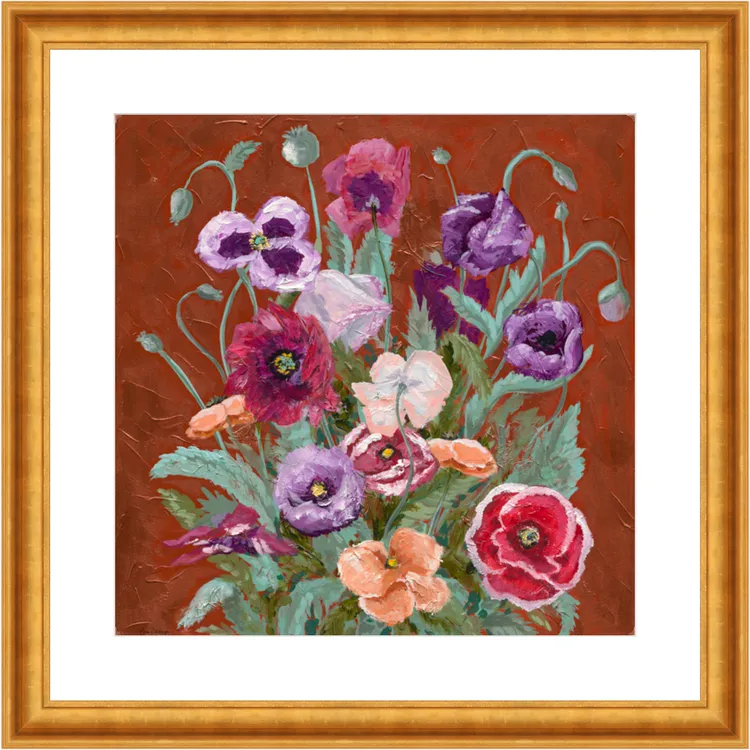 Unframed 8x8 square paper print featuring a vibrant floral painting of red, pink, orange, and purple poppies with green leave