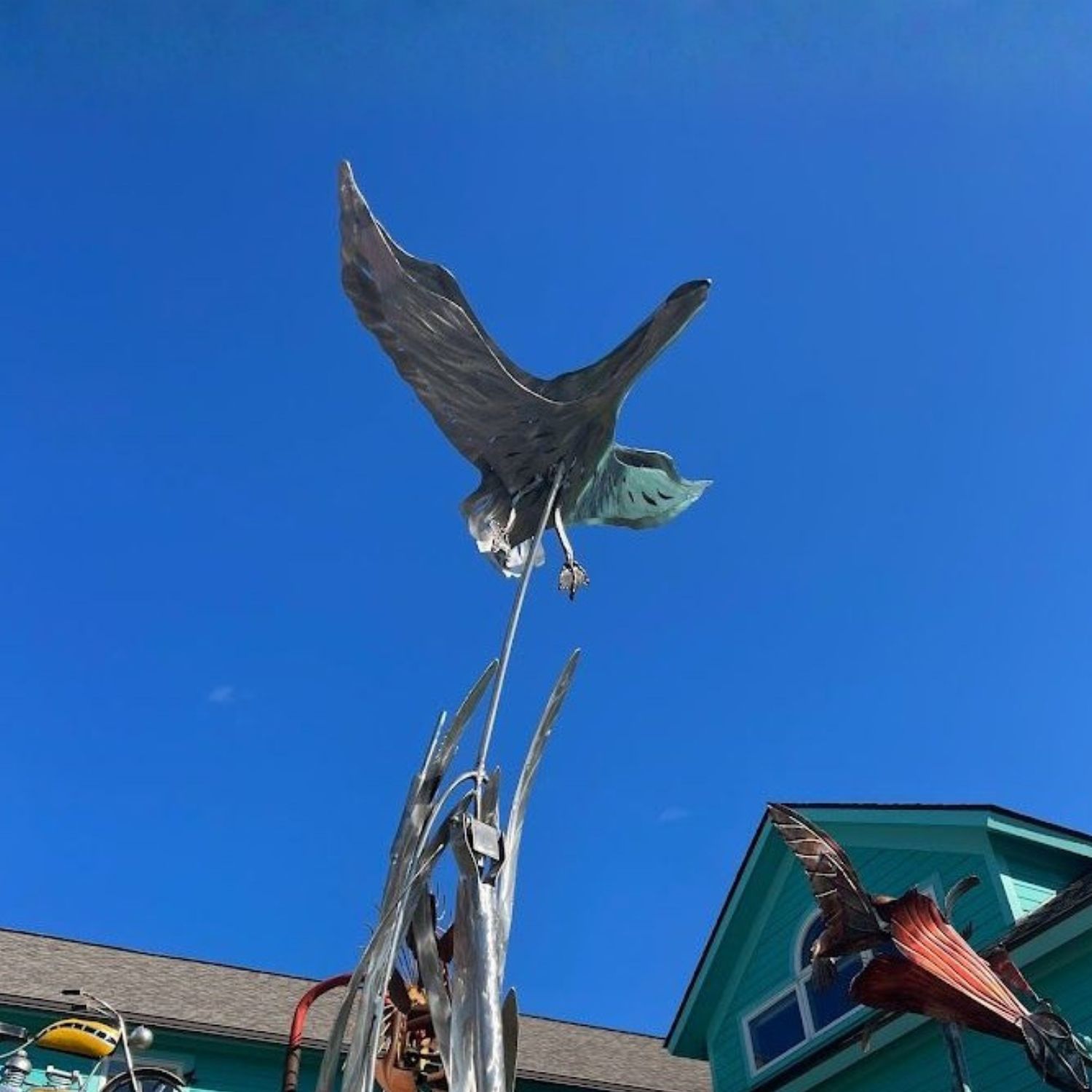 MOTHER GOOSE ROCKING GARDEN SCULPTURE STAINLESS STEEL &amp; ALUMINUM