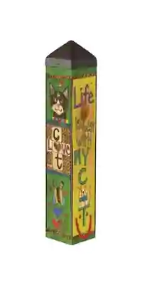 Flat view of the cat-themed art pole design featuring playful words, hearts, and paw prints.