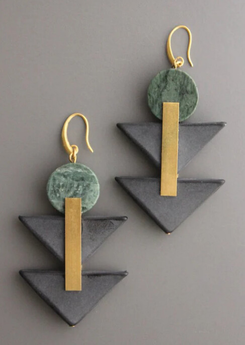 GREEN JASPER AND BLACK ACRYLIC GEOMETRIC EARRINGS XINE23