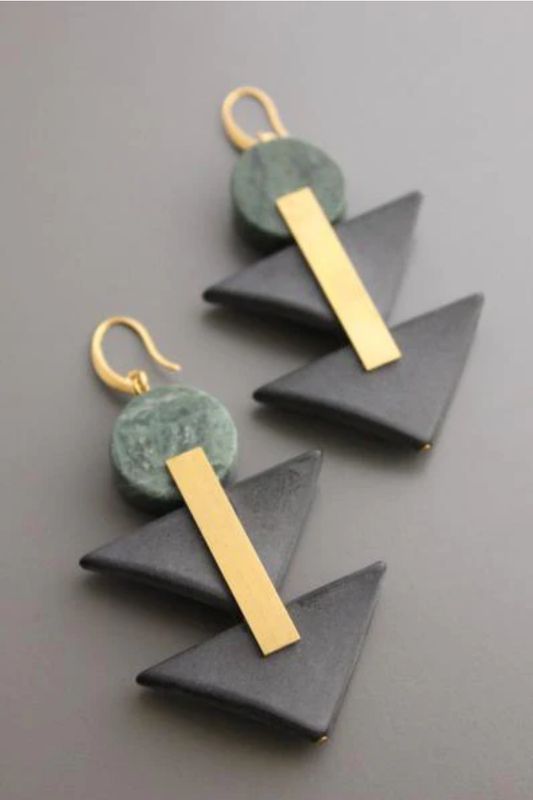 GREEN JASPER AND BLACK ACRYLIC GEOMETRIC EARRINGS XINE23
