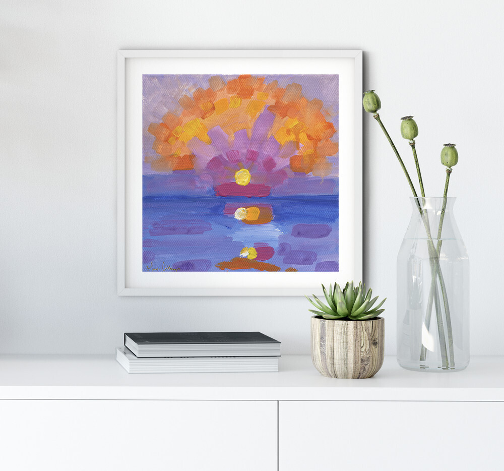 Unframed 8x8 square paper print featuring a vibrant landscape painting of a bright sunset sky