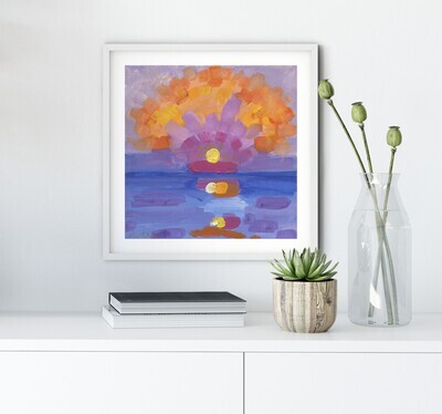 Unframed 8x8 square paper print featuring a vibrant landscape painting of a bright sunset sky