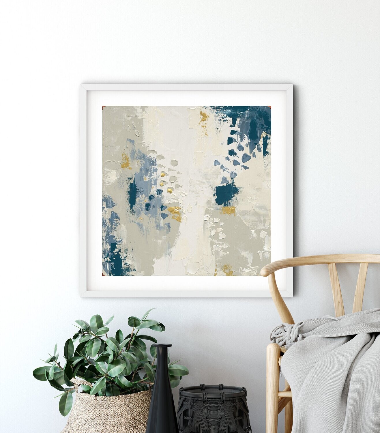 Unframed 8x8 square paper print featuring an abstract artwork with gentle, flowing strokes in soft blue, neutral beige