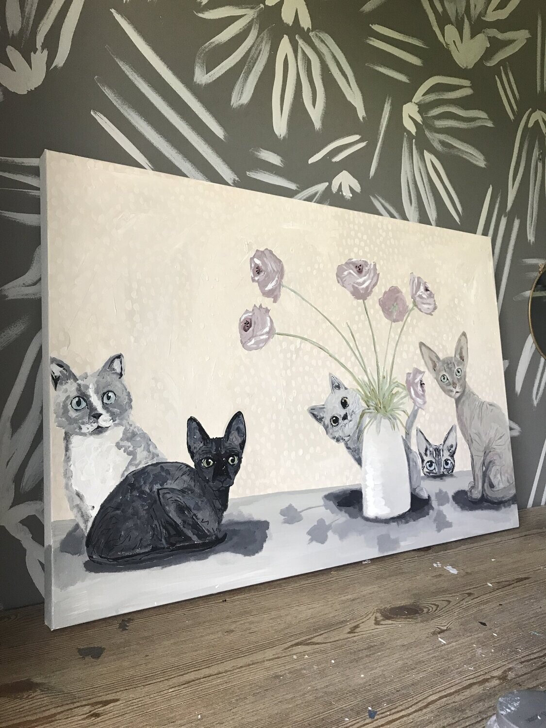 Unframed 8x10 vertical paper print featuring a playful painting of a curious black cat looking up at vase arrangements on a t