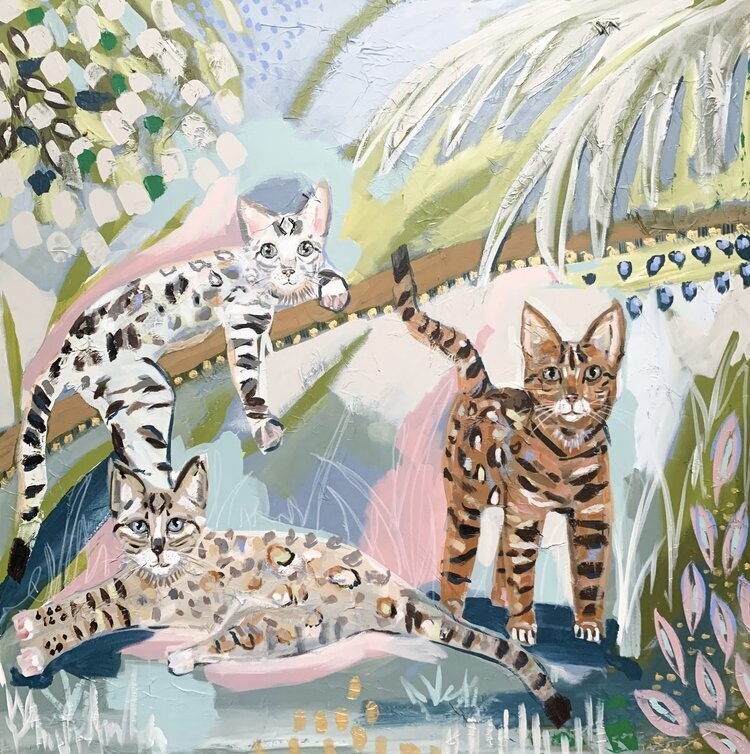 Unframed 8x8 square paper print depicting two wild leopards resting amidst lush green tropical jungle foliage