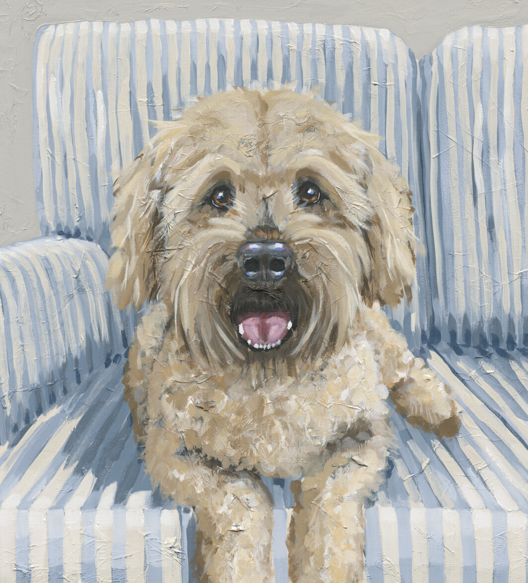 Unframed 8x10 vertical paper print featuring a detailed painting of a fluffy golden dog looking forward