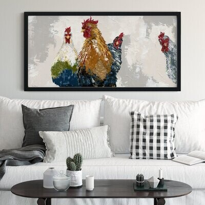 Framed version of the rooster print hanging above a white sofa with patterned decorative pillows in a modern living room
