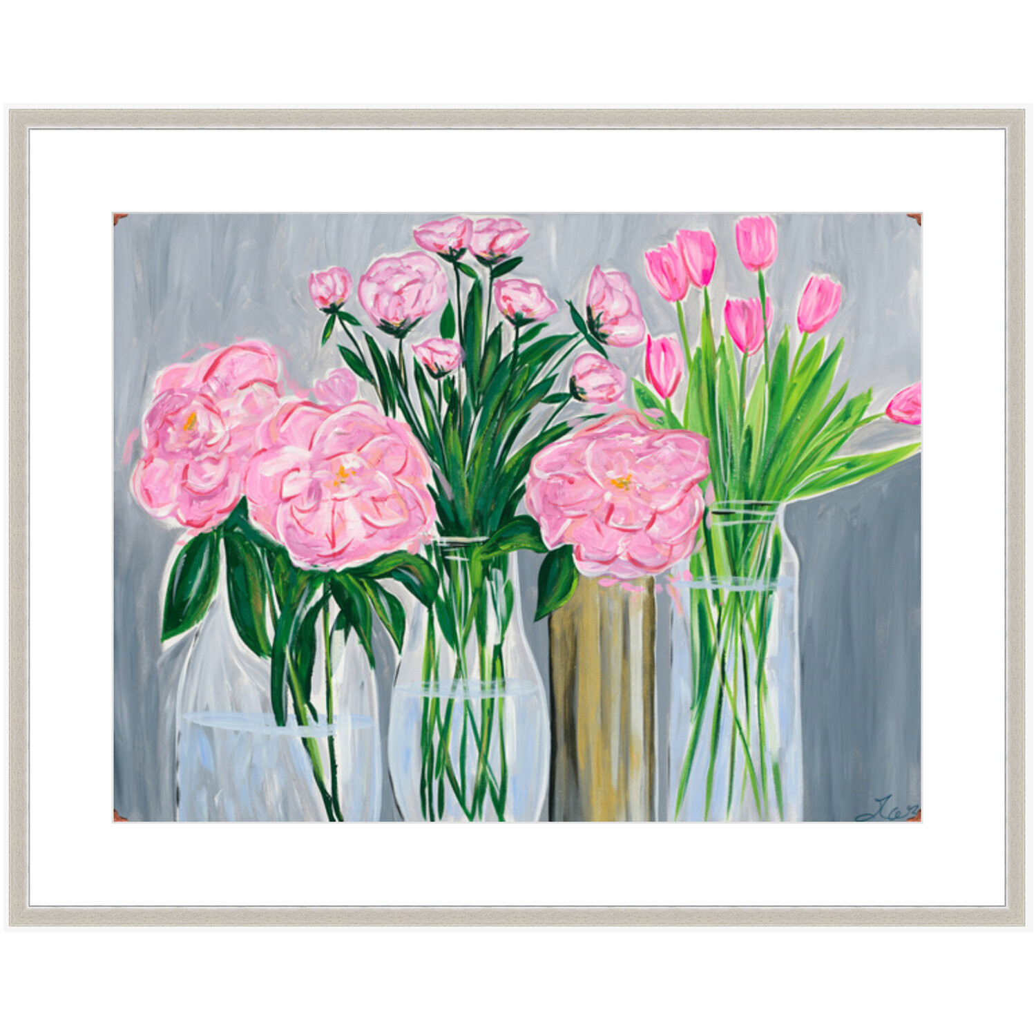 8x10 vertical paper print featuring a vibrant floral painting of pink tulips and lush green foliage in a glass vase
