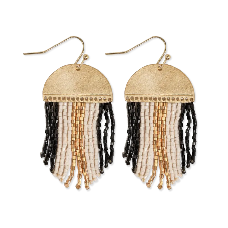 Claudia 3 Color Stripe Beaded Fringe Earrings black/white