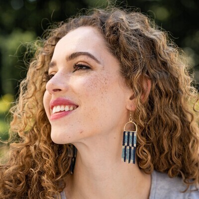 Allison check stripe beaded fringe earrings navy
