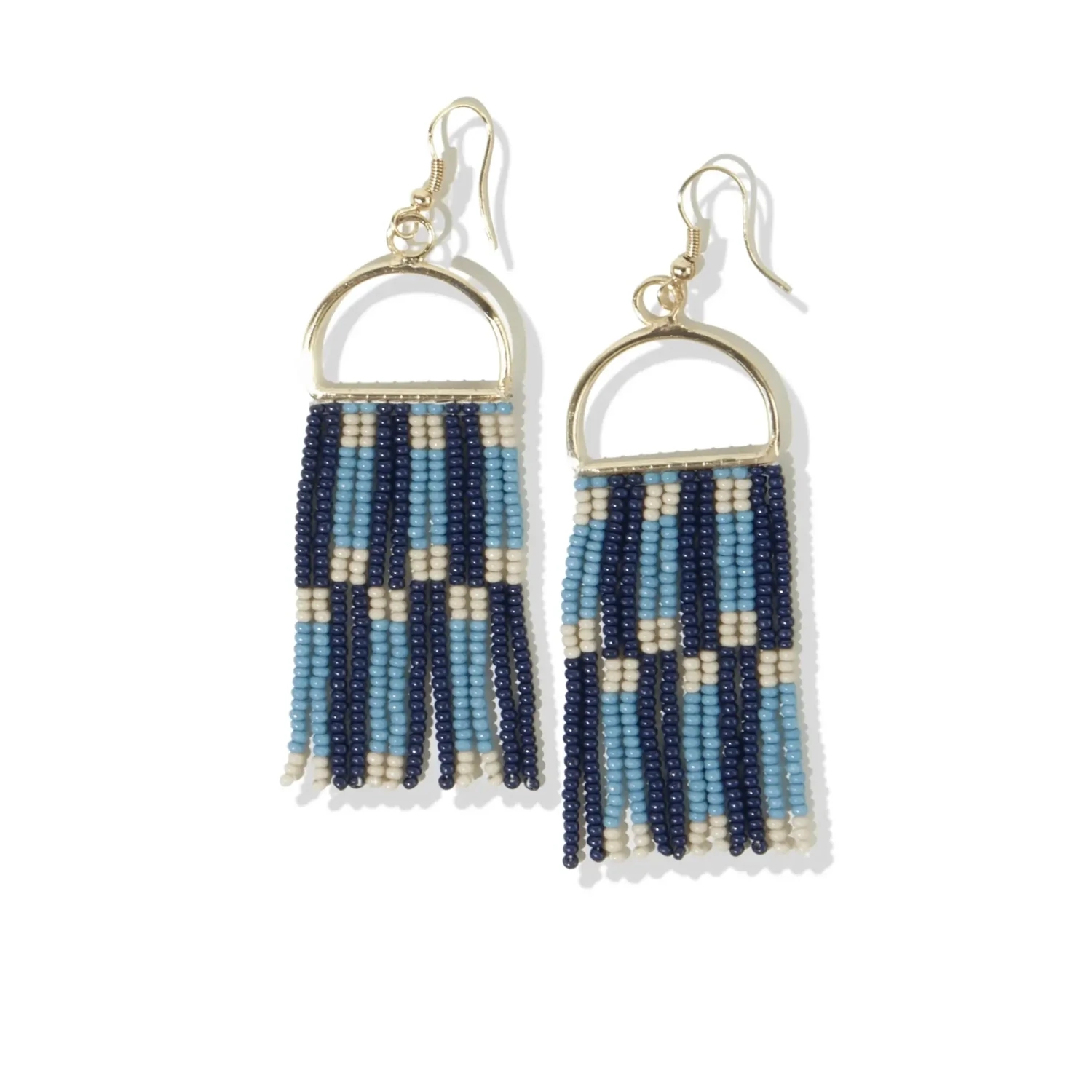 Allison check stripe beaded fringe earrings navy