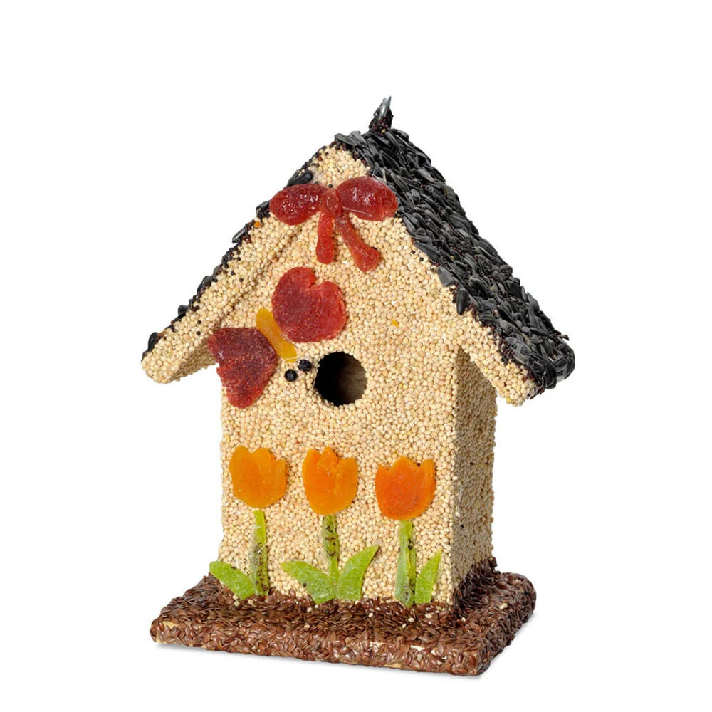 Edible Birdhouse with a gabled roof, coated in premium birdseed and decorated with a red butterfly and yellow tulip.