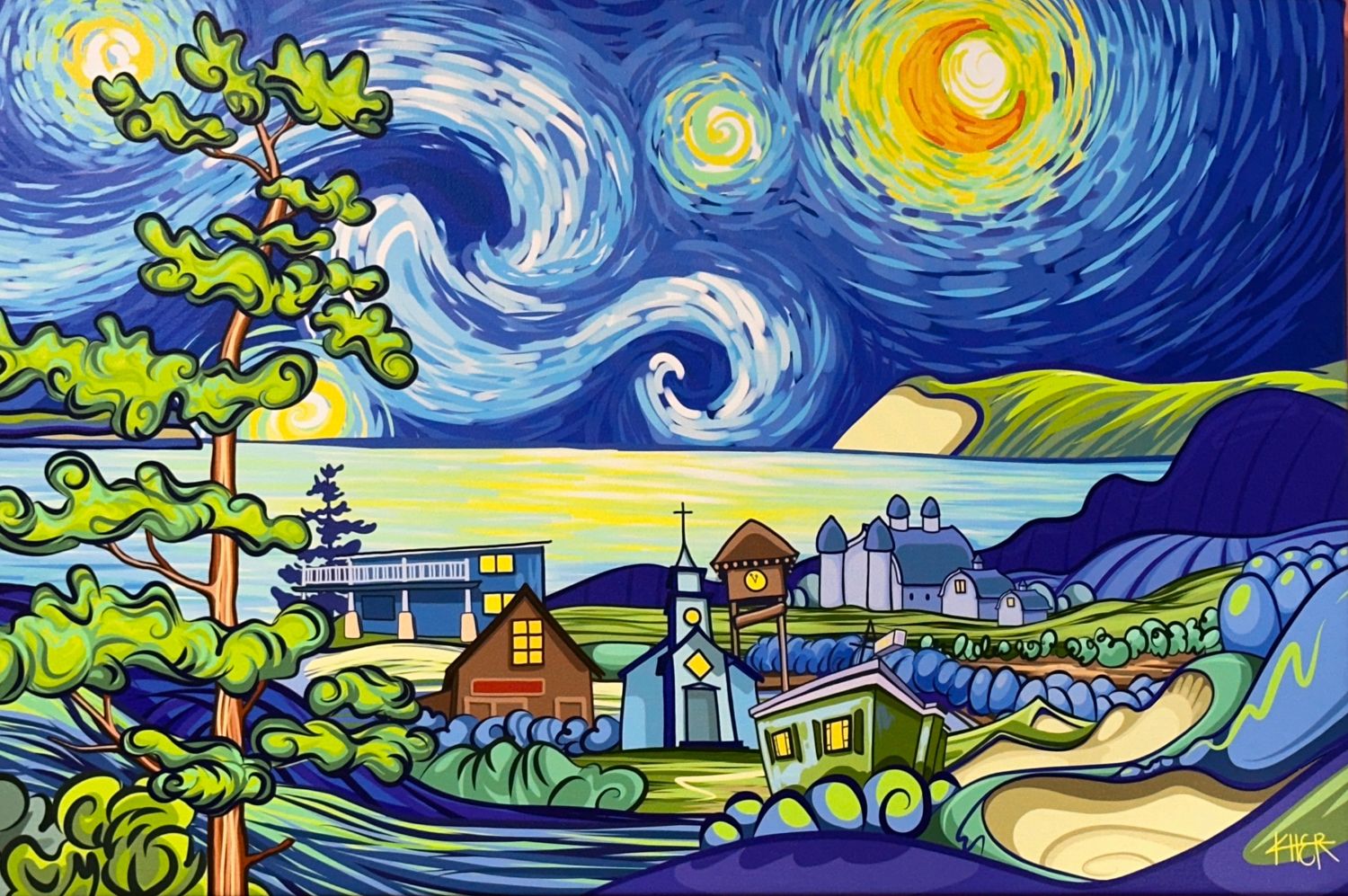 A 16x24 canvas print featuring a vibrant expressionist painting in the style of Van Gogh's Starry Night