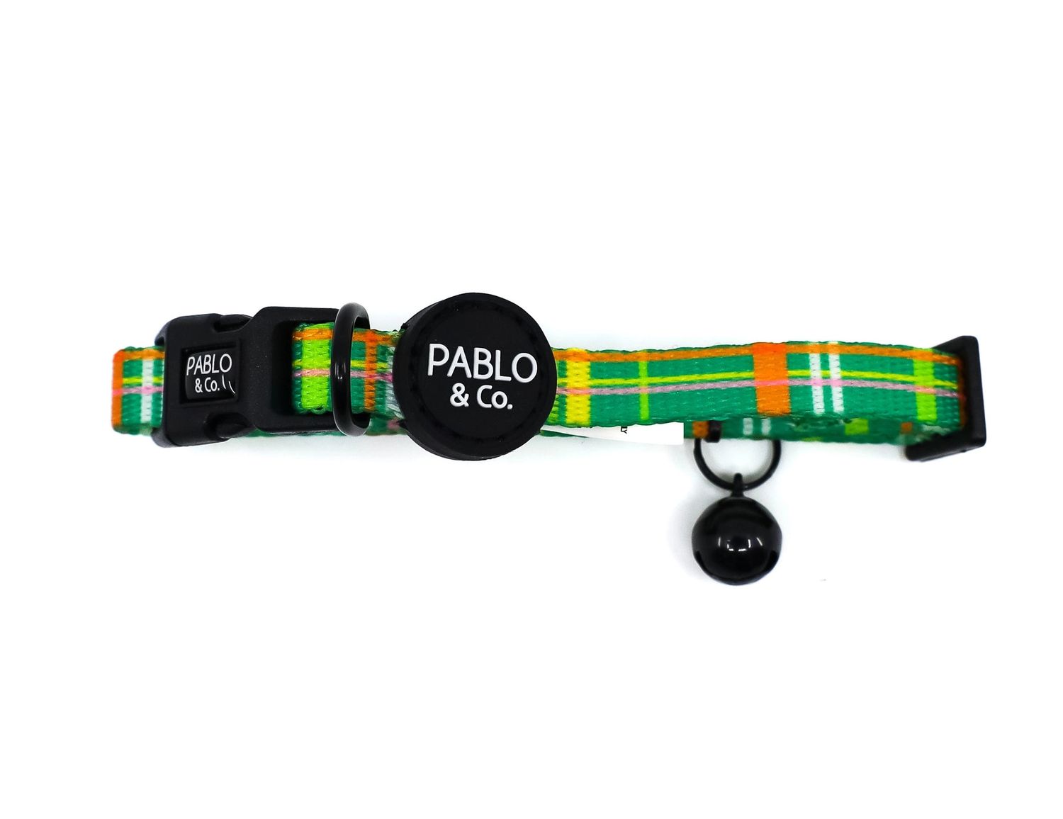 A vibrant checkered green and black quick-release cat collar with a black breakaway safety buckle, D-ring
