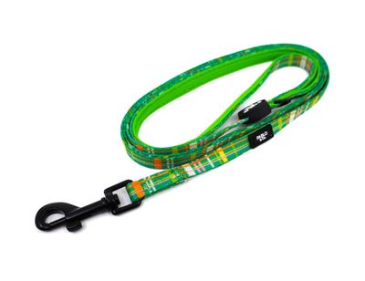 A vibrant green and black checkered lightweight cat leash with a padded neoprene handle and black spring clip.