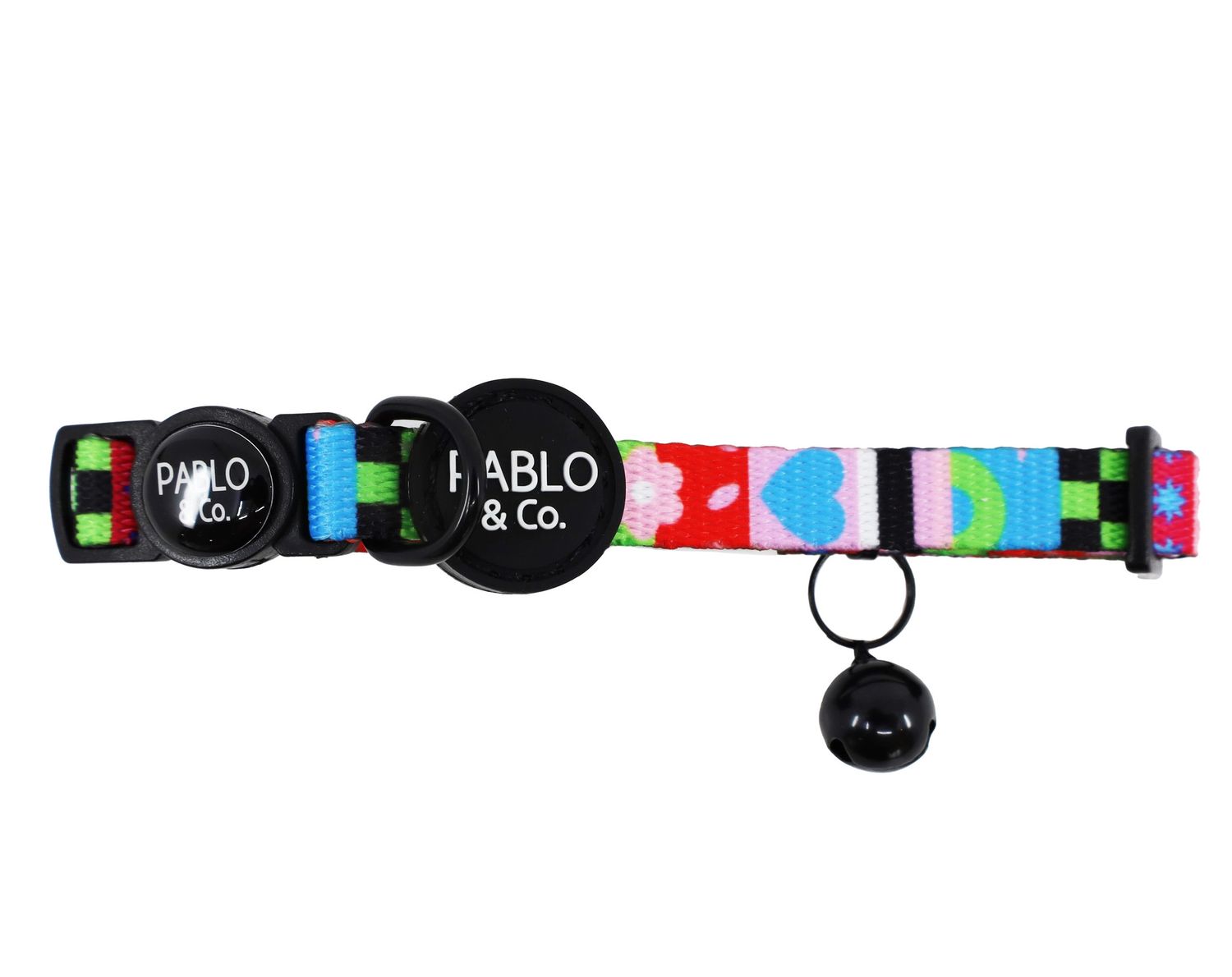 A vibrant 90's patterned quick-release cat collar with a black breakaway safety buckle, D-ring