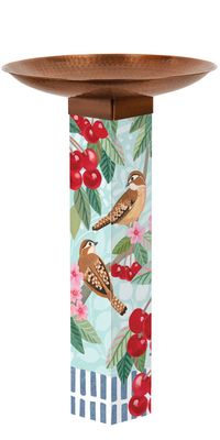 Close-up of artistic bird and cherry illustrations on a durable, fade-resistant square art pole base.