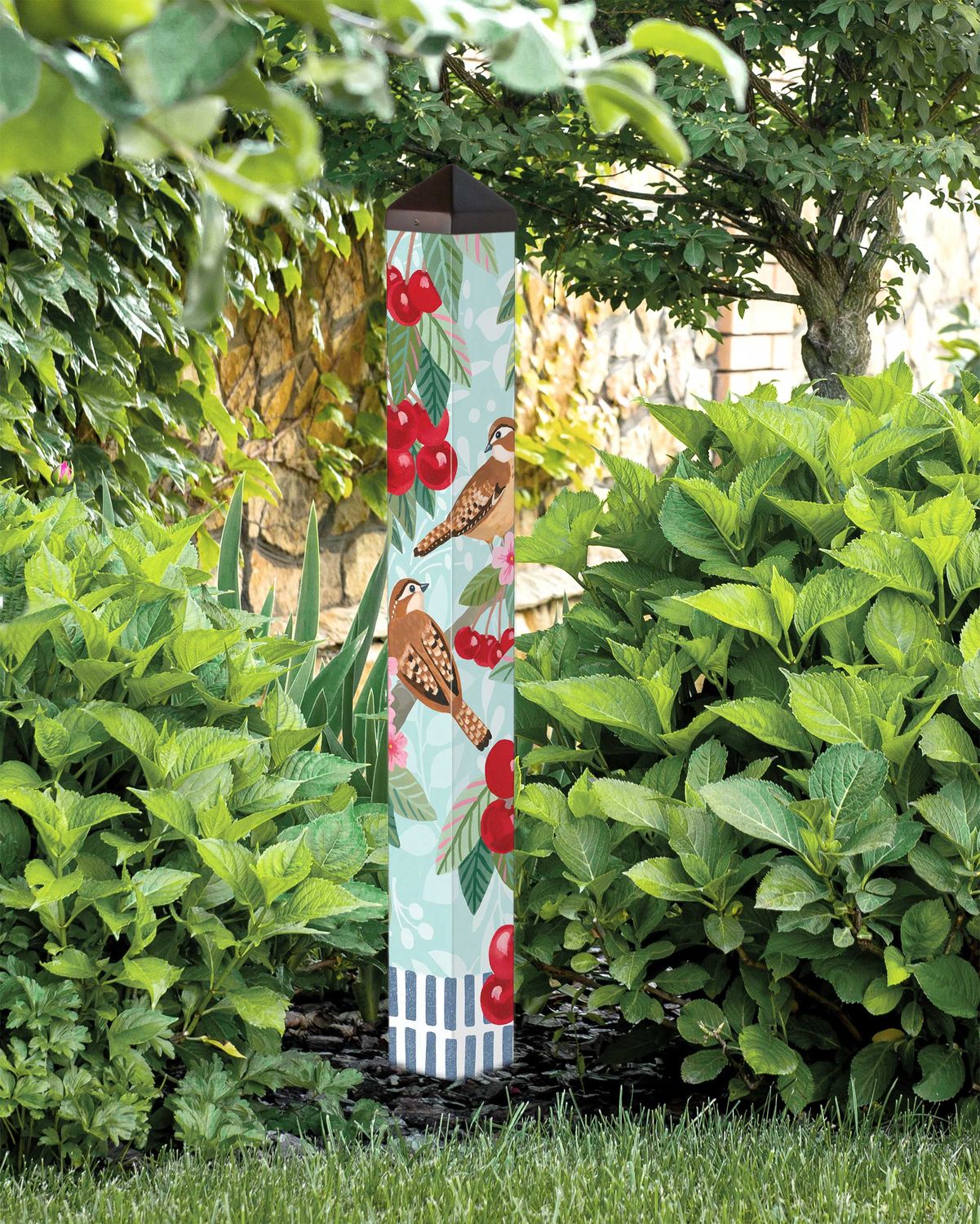 40-inch Studio M Birds and Cherries Art Pole with red cherries and songbirds on blue background.
