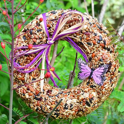 bird seed wreath decorated with a lavender raffia bow and a purple butterfly.