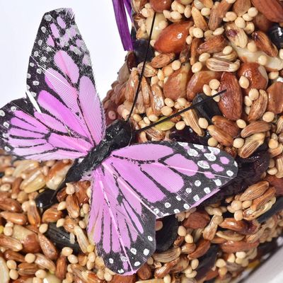 Close-up of the seed wreath texture showing sunflower seeds, peanuts, and the butterfly ornament.