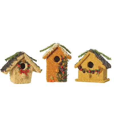 Side-by-side comparison of three seeded birdhouses with red, green, and brown roof accents.