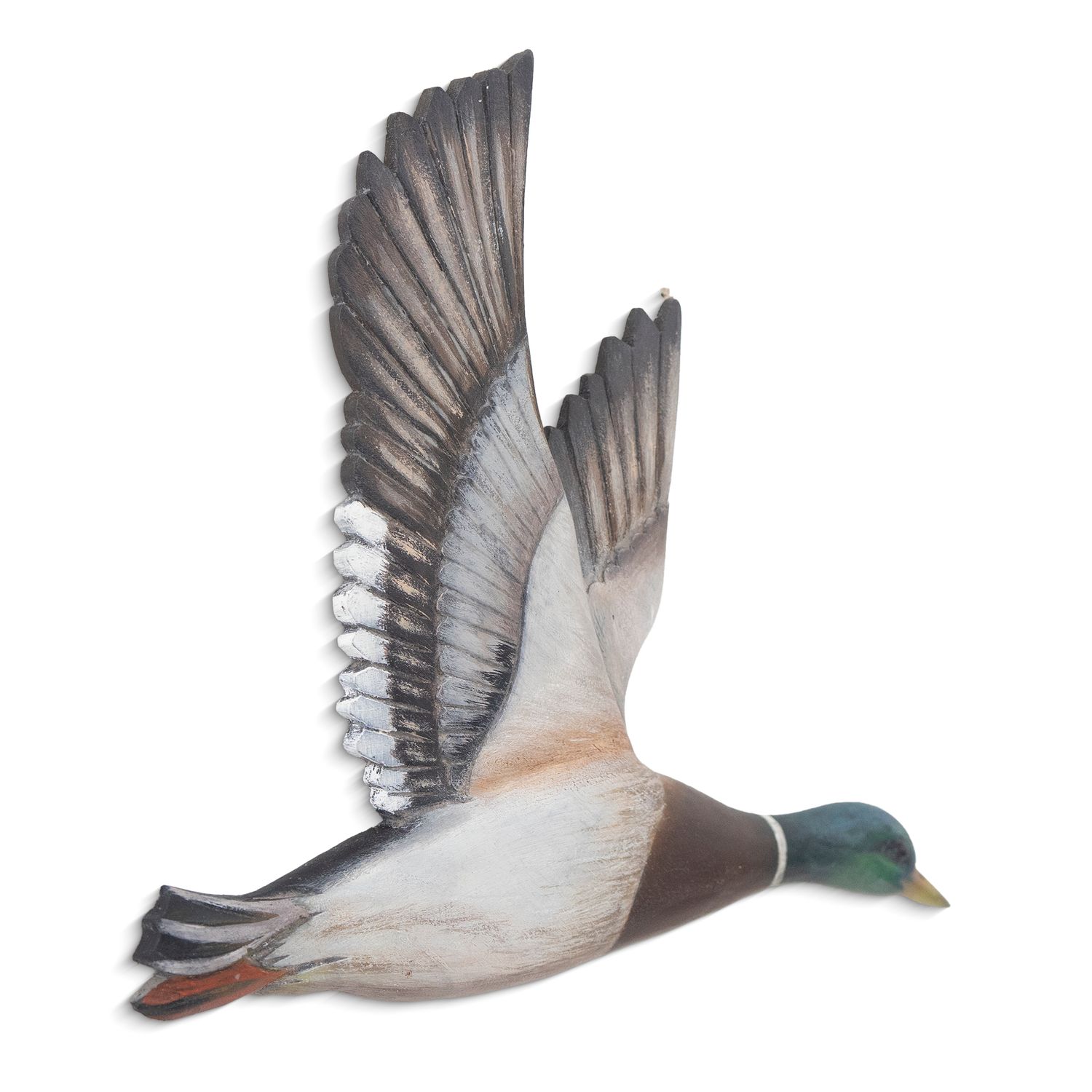 Hand-carved wooden sculpture of a flying mallard duck with wings raised, painted with realistic brown, white, and green tones